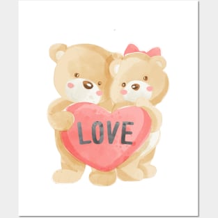 cute bear couple with love heart Posters and Art
